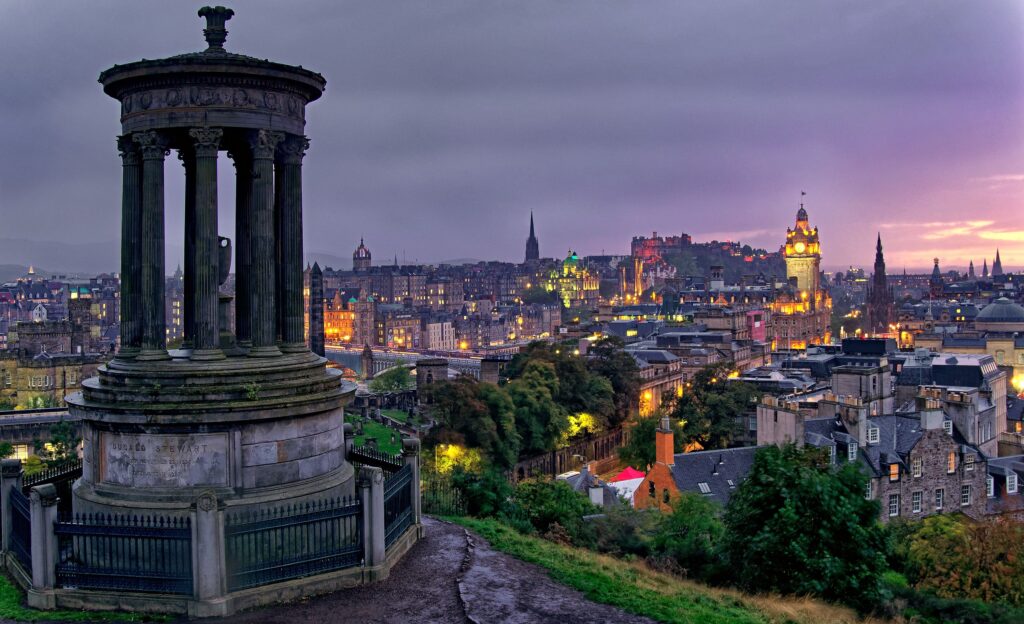 Edinburgh city skyline from Calton Hill at sunset, representing executive leadership and organisational excellence. Livingston James specialises in Chief Executive Officer executive search, CEO recruitment and leadership appointments for organisations throughout Scotland and the UK.
