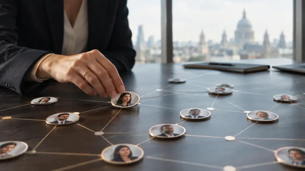 Executive talent mapping network showing connected leadership profiles and market intelligence insights, representing succession planning, executive research and workforce strategy. Livingston James provides talent mapping and business intelligence services to organisations across Scotland and the UK.