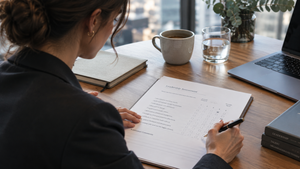 Professional completing a leadership assessment questionnaire, representing psychometric testing, executive evaluation and leadership potential assessment. Livingston James provides psychometric testing and executive assessment services to organisations across Scotland and the UK.