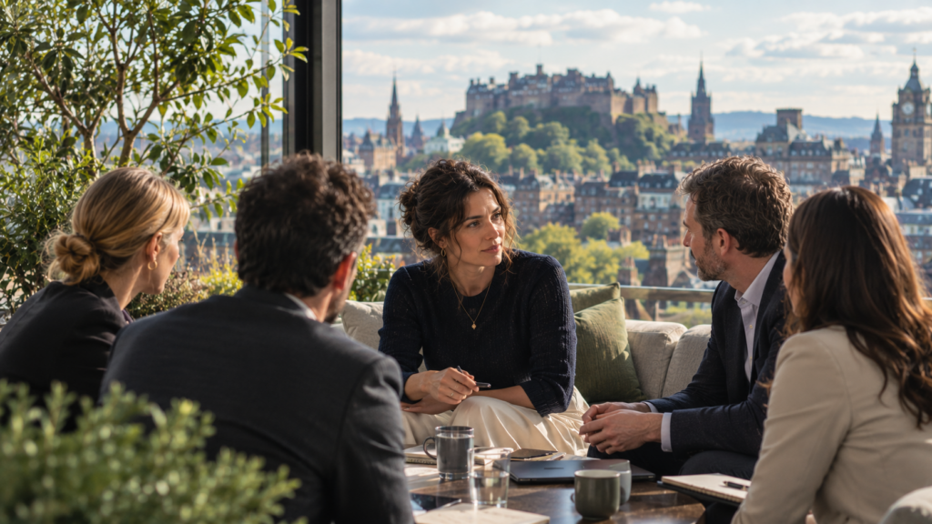 Senior leaders and board executives in discussion overlooking Edinburgh, representing executive compensation consulting, remuneration benchmarking and reward strategy. Livingston James advises organisations across Scotland and the UK on executive pay, incentives and leadership reward frameworks.