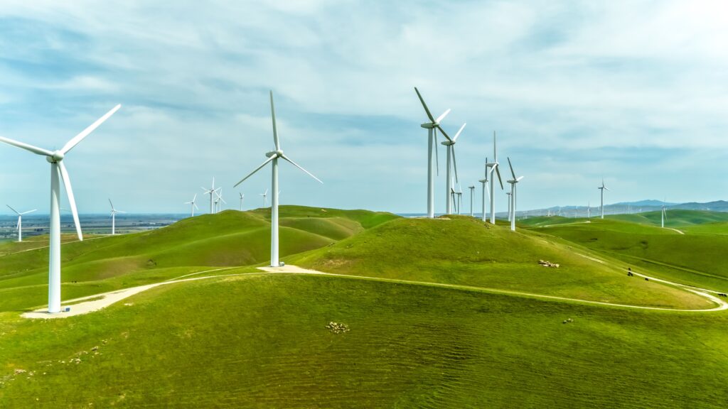 Wind turbines across rolling green hills generating renewable energy, representing clean energy leadership, sustainability and infrastructure development. Livingston James provides energy executive search services to renewable energy, utilities and infrastructure organisations across Scotland and the UK.